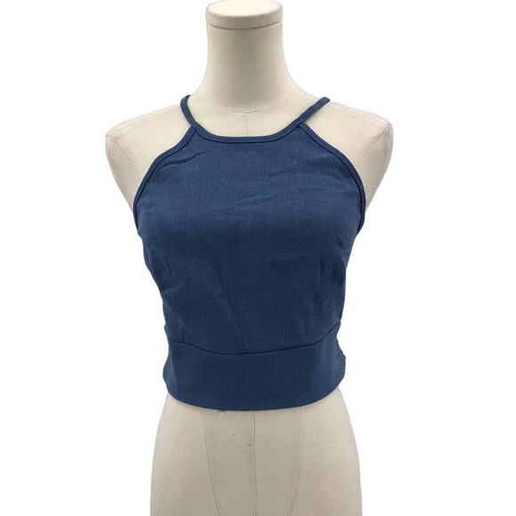 UNIQUE VINTAGE XS blue denim main squeeze halter smock crop top blouse NWT B87 - Picture 2 of 6